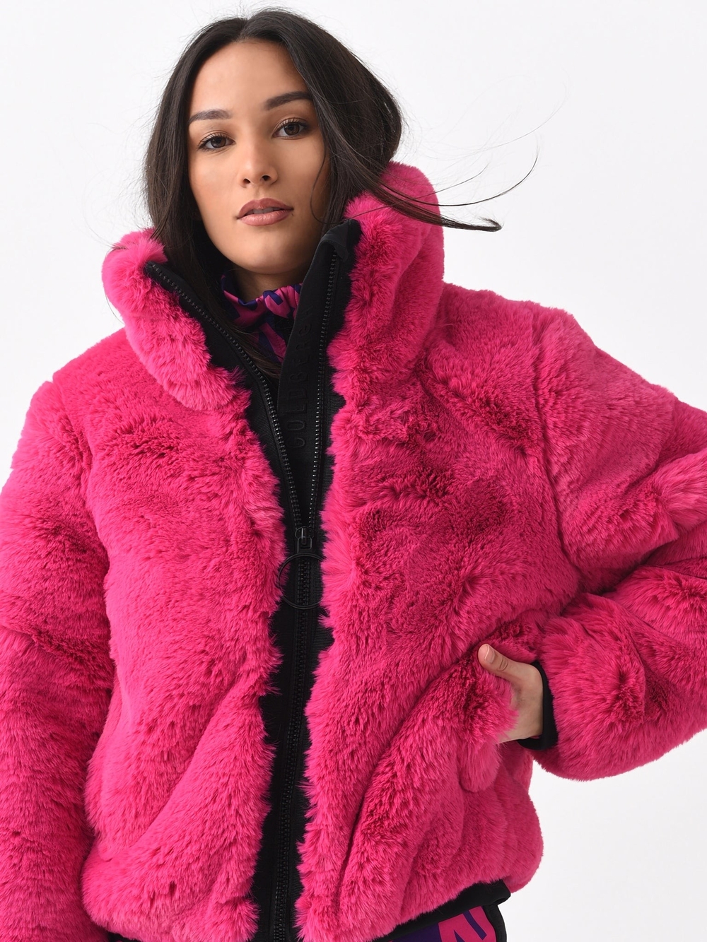 Goldbergh Plush Teddy Ski Coat / Jacket in Bright Pink Faux Fur Black Trim 8